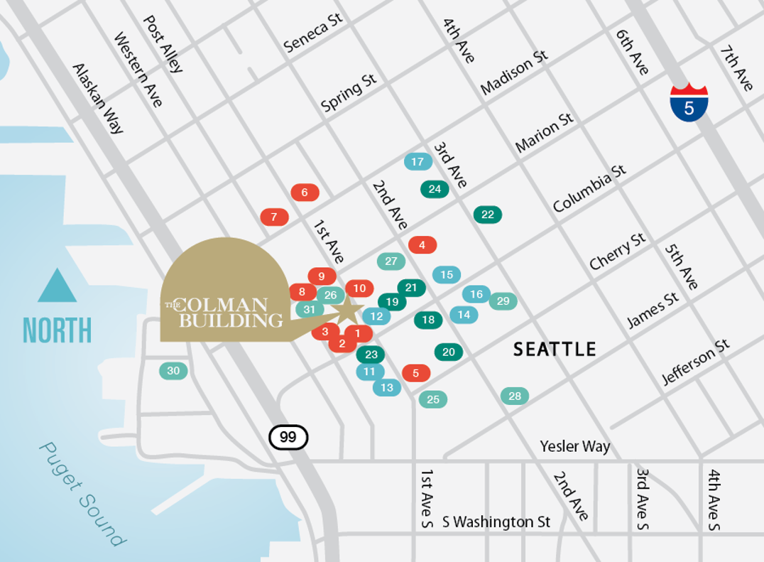 Map of Downtown Seattle With Colman Building